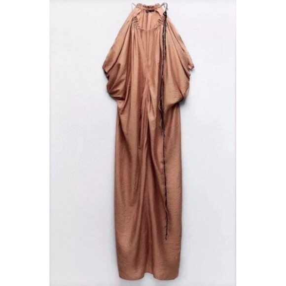 Zara Tan Halter Maxi Dress With Drawstring Back Detail Boho - Size S - Picture 4 of 7